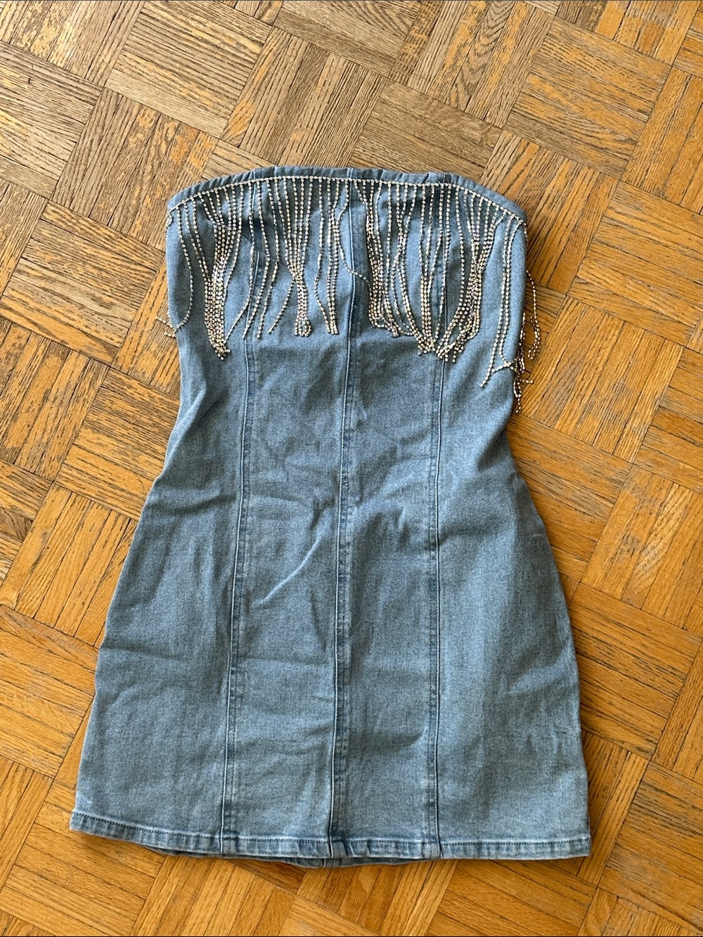 12th Tribe Strapless Blue Denim Mini Dress with Silver Fringe